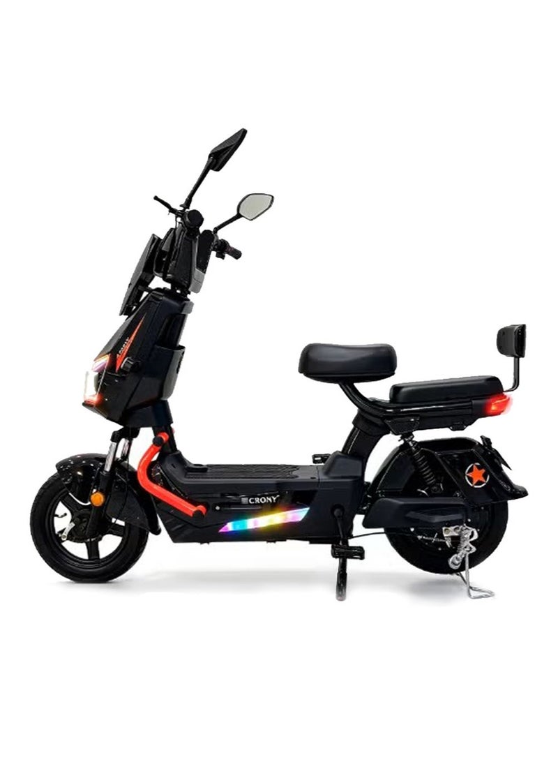 Crony W12 Electric Bicycle 500W Motor 48V 20Ah Portable Battery, Electric Bike for Adults with 28-35KM Range, Top Speed 28-36KM/H, 3 Speed Modes, LCD Display, LED Headlamp, Quiet Mute Controller, Dual Seat with Rear Footrests, Front & Rear Suspension, Front Drum & Rear Hold Brake, Iron Frame, 14 Inch Tires, 150KG Load Capacity, Rechargeable City Commuter E Bike, Electric Motorcycle for Daily Travel,Black - Image 1