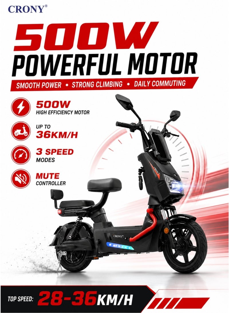 Crony W12 Electric Bicycle 500W Motor 48V 20Ah Portable Battery, Electric Bike for Adults with 28-35KM Range, Top Speed 28-36KM/H, 3 Speed Modes, LCD Display, LED Headlamp, Quiet Mute Controller, Dual Seat with Rear Footrests, Front & Rear Suspension, Front Drum & Rear Hold Brake, Iron Frame, 14 Inch Tires, 150KG Load Capacity, Rechargeable City Commuter E Bike, Electric Motorcycle for Daily Travel,Black - Image 2