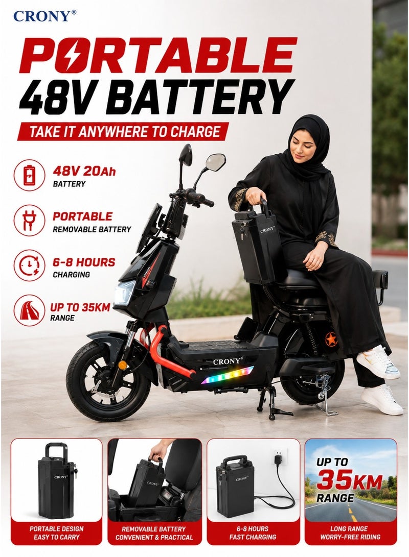 Crony W12 Electric Bicycle 500W Motor 48V 20Ah Portable Battery, Electric Bike for Adults with 28-35KM Range, Top Speed 28-36KM/H, 3 Speed Modes, LCD Display, LED Headlamp, Quiet Mute Controller, Dual Seat with Rear Footrests, Front & Rear Suspension, Front Drum & Rear Hold Brake, Iron Frame, 14 Inch Tires, 150KG Load Capacity, Rechargeable City Commuter E Bike, Electric Motorcycle for Daily Travel,Black - Image 3