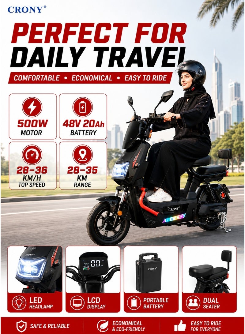 Crony W12 Electric Bicycle 500W Motor 48V 20Ah Portable Battery, Electric Bike for Adults with 28-35KM Range, Top Speed 28-36KM/H, 3 Speed Modes, LCD Display, LED Headlamp, Quiet Mute Controller, Dual Seat with Rear Footrests, Front & Rear Suspension, Front Drum & Rear Hold Brake, Iron Frame, 14 Inch Tires, 150KG Load Capacity, Rechargeable City Commuter E Bike, Electric Motorcycle for Daily Travel,Black - Image 5