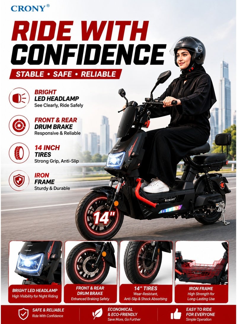 Crony W12 Electric Bicycle 500W Motor 48V 20Ah Portable Battery, Electric Bike for Adults with 28-35KM Range, Top Speed 28-36KM/H, 3 Speed Modes, LCD Display, LED Headlamp, Quiet Mute Controller, Dual Seat with Rear Footrests, Front & Rear Suspension, Front Drum & Rear Hold Brake, Iron Frame, 14 Inch Tires, 150KG Load Capacity, Rechargeable City Commuter E Bike, Electric Motorcycle for Daily Travel,Black - Image 4