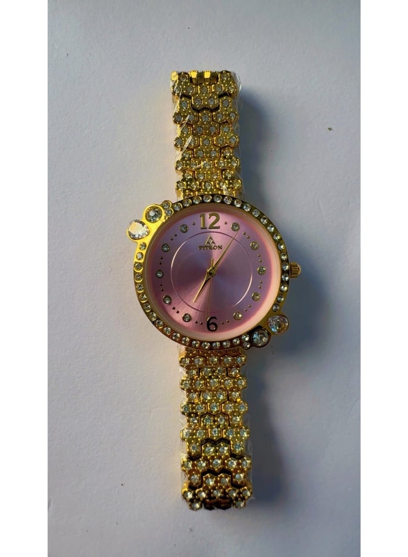 Fitron Brand New FITRON Elegant Ladies Gold Metal Strap Watch – Shimmering Pink Sunray Dial, Crystal Bezel & Watch Band - Image 2