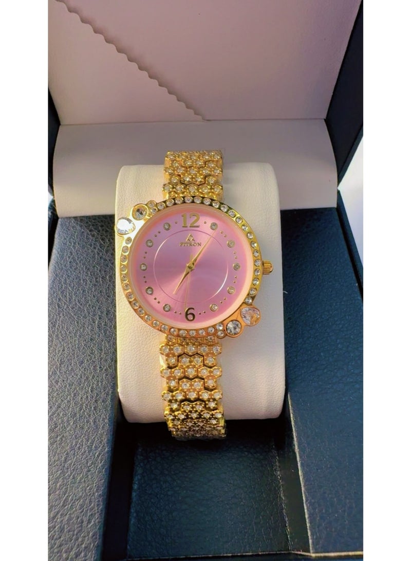 Fitron Brand New FITRON Elegant Ladies Gold Metal Strap Watch – Shimmering Pink Sunray Dial, Crystal Bezel & Watch Band - Image 1