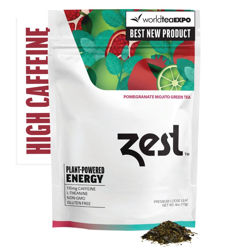 Zest Energy Green Tea - Pomegranate Mojito Loose Leaf Blend - High Caffeine Peppermint - Caffeinated Coffee Substitute - Natural, Non-GMO & Keto Friendly - Hot or Iced - 50 Servings - 135mg Caf - Image 1