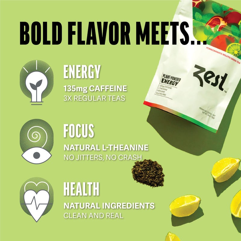 Zest Energy Green Tea - Pomegranate Mojito Loose Leaf Blend - High Caffeine Peppermint - Caffeinated Coffee Substitute - Natural, Non-GMO & Keto Friendly - Hot or Iced - 50 Servings - 135mg Caf - Image 4