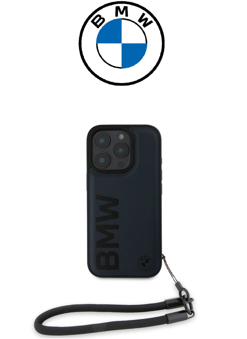 CG MOBILE - Back Case for iPhone 16 Pro Max, with a hand strap, made of genuine leather and approved by the global brand (BMW) in Navy blue - Image 1