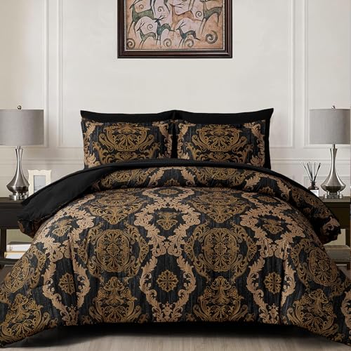 WONGS BEDDING Black Comforter Set King Size Gold Damask Texture 7 Pieces Bed in a Bag Microfiber Comforter Bedding Sets 1 Comforter 1 Flat Sheet 1 Fitted Sheet 2 Pillow Shams 2 Pillowcases