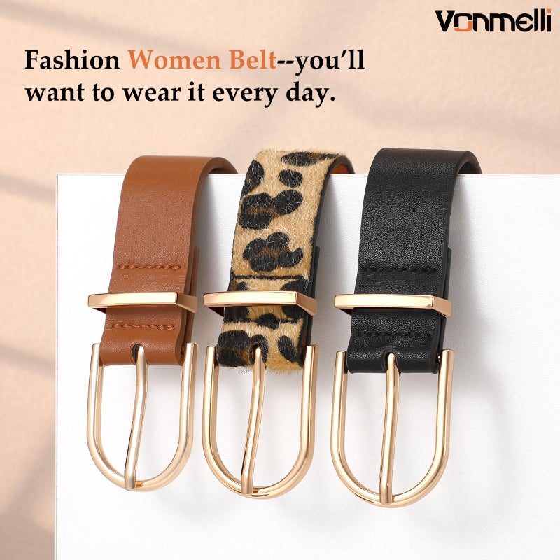 VONMELLI 3 Pack Women's Belts for Jeans Pants Fashion Gold Buckle Ladies Dress Belt Black+Brown+Leopard Print M - Image 3
