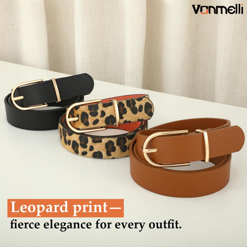 VONMELLI 3 Pack Women's Belts for Jeans Pants Fashion Gold Buckle Ladies Dress Belt Black+Brown+Leopard Print M - Image 5