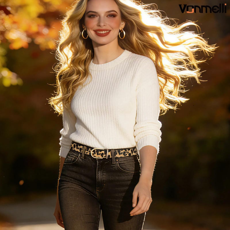 VONMELLI 3 Pack Women's Belts for Jeans Pants Fashion Gold Buckle Ladies Dress Belt Black+Brown+Leopard Print M - Image 2