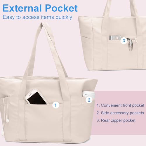 CTWWFS Tote Bag for Women, Travel Essentials Large Tote Bag with Zipper, Top Handle Handbag for Travel, Work (Beige) - Image 4