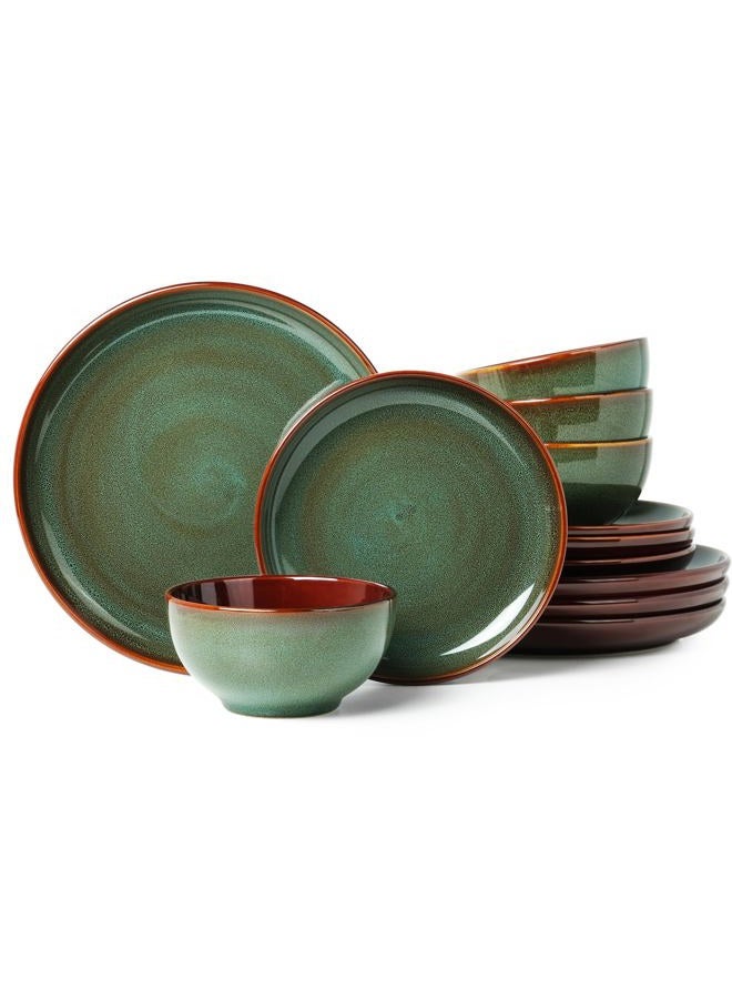 Pokini 32 Piece Double Bowl Dinnerware Sets with Pasta Bowls, Highly Chip and Crack Resistant Plates and Bowls Sets, Natural Earthyware Ceramic Dishware Sets, Service for 8 Sage Green - Image 1