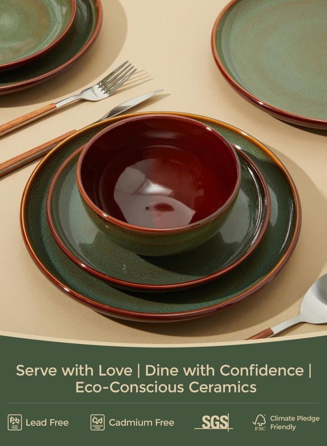 Pokini 32 Piece Double Bowl Dinnerware Sets with Pasta Bowls, Highly Chip and Crack Resistant Plates and Bowls Sets, Natural Earthyware Ceramic Dishware Sets, Service for 8 Sage Green - Image 4