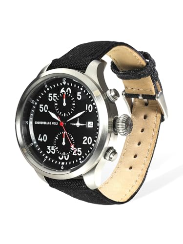 chotovelli Men’s Pilot Tool Watch - Chronograph, Sapphire Crystal, Screw-Down Crown, Canvas Strap (3400.11) - Image 2