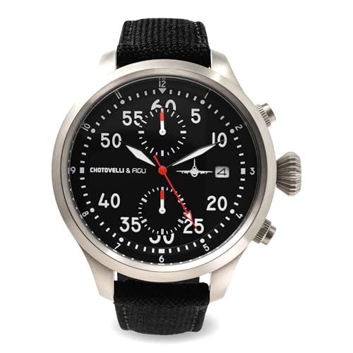 chotovelli Men’s Pilot Tool Watch - Chronograph, Sapphire Crystal, Screw-Down Crown, Canvas Strap (3400.11) - Image 4