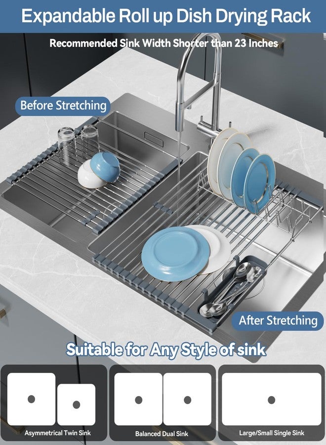 LIONONLY Expandable Roll Up Dish Drying Rack, 304 Stainless Steel Over The Sink Drainer Rack, Foldable Rollable Kitchen Sink Rack with Removable Utensil and Dish Holder 15.35”-12.59” to 23.22” - Image 3