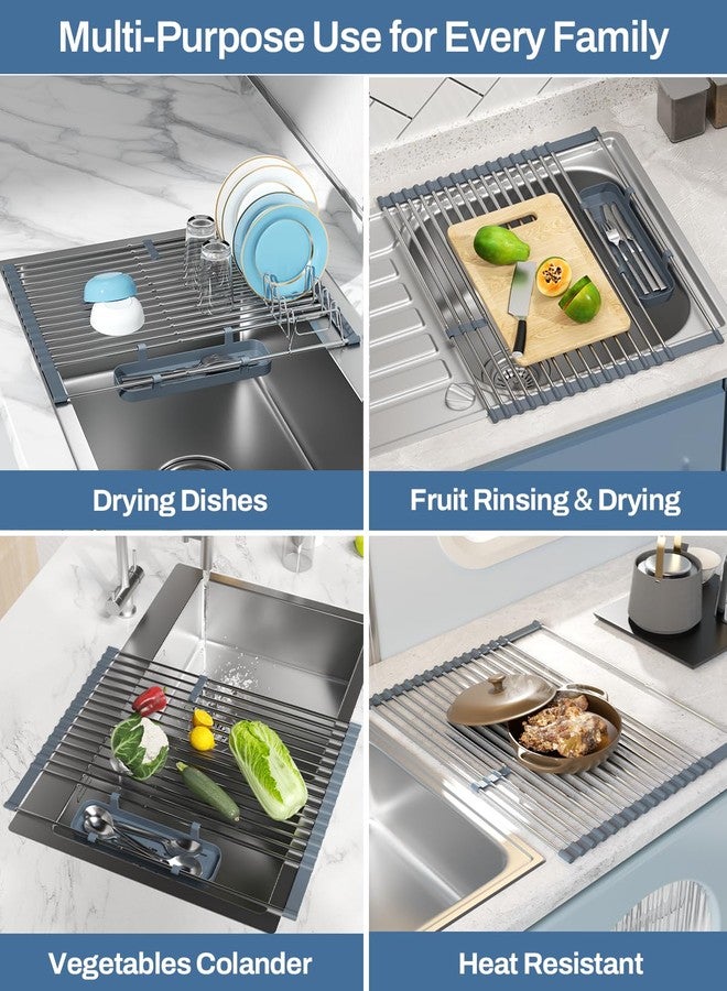 LIONONLY Expandable Roll Up Dish Drying Rack, 304 Stainless Steel Over The Sink Drainer Rack, Foldable Rollable Kitchen Sink Rack with Removable Utensil and Dish Holder 15.35”-12.59” to 23.22” - Image 4