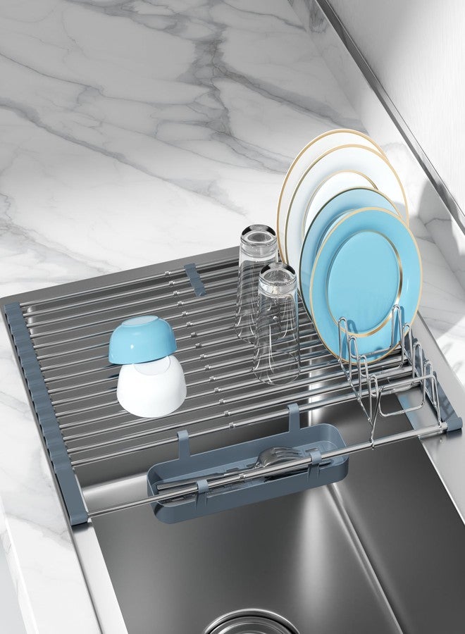 LIONONLY Expandable Roll Up Dish Drying Rack, 304 Stainless Steel Over The Sink Drainer Rack, Foldable Rollable Kitchen Sink Rack with Removable Utensil and Dish Holder 15.35”-12.59” to 23.22” - Image 1