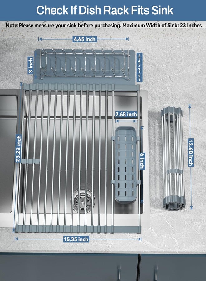 LIONONLY Expandable Roll Up Dish Drying Rack, 304 Stainless Steel Over The Sink Drainer Rack, Foldable Rollable Kitchen Sink Rack with Removable Utensil and Dish Holder 15.35”-12.59” to 23.22” - Image 2