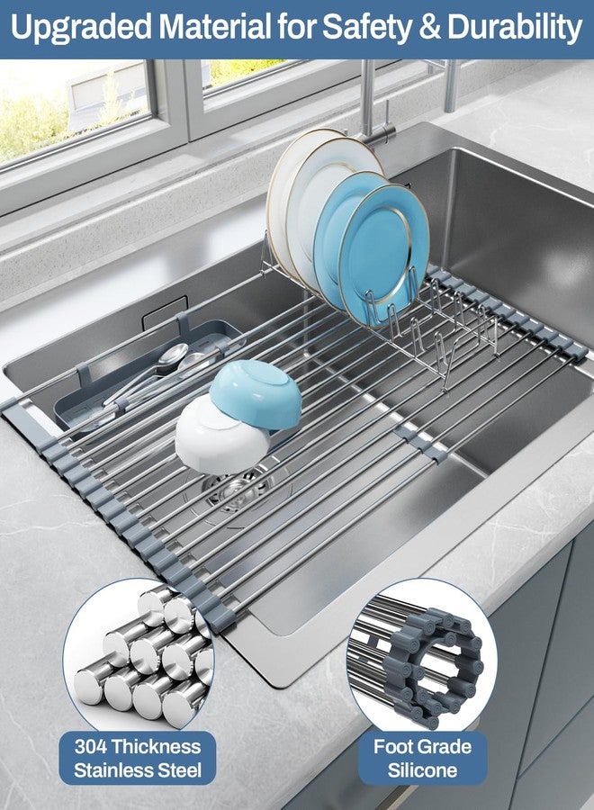 LIONONLY Expandable Roll Up Dish Drying Rack, 304 Stainless Steel Over The Sink Drainer Rack, Foldable Rollable Kitchen Sink Rack with Removable Utensil and Dish Holder 15.35”-12.59” to 23.22” - Image 5