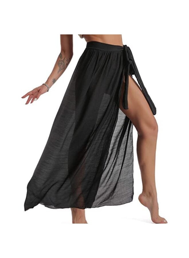 ملابس سباحة نسائية شبه شفافة من باريو، تنورة قصيرة مع شرابات، لون أسود - Image 4