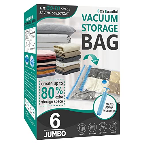 Cozy Essential 6 Jumbo Vacuum Storage Bags, Space Saver Bags Compression Storage Bags for Comforters and Blankets, Vacuum Sealer Bags for Clothes Storage, Hand Pump Included - Image 1