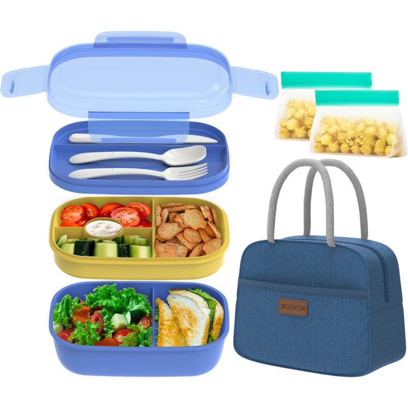 JBGOYON Blue Bento Lunch Box Set - 3 Stackable Containers for Adults and Kids - Includes Lunch Bag  Leak-Proof and BPA-Free - Built-in Utensil Set and Snack Bag - Dishwasher Safe - Image 1