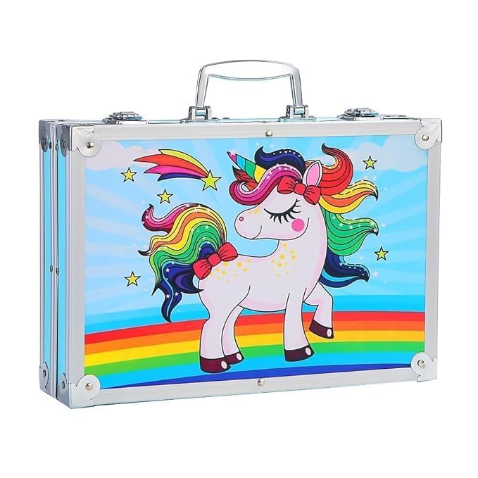 GLNRM 145 Pieces Drawing Color Kit with Unicorn Theme Storage Case, Drawing Set with Feathers, Colors, Paints, Aquarelles and Painting Kit with Portable Organizer (Blue) - Image 2