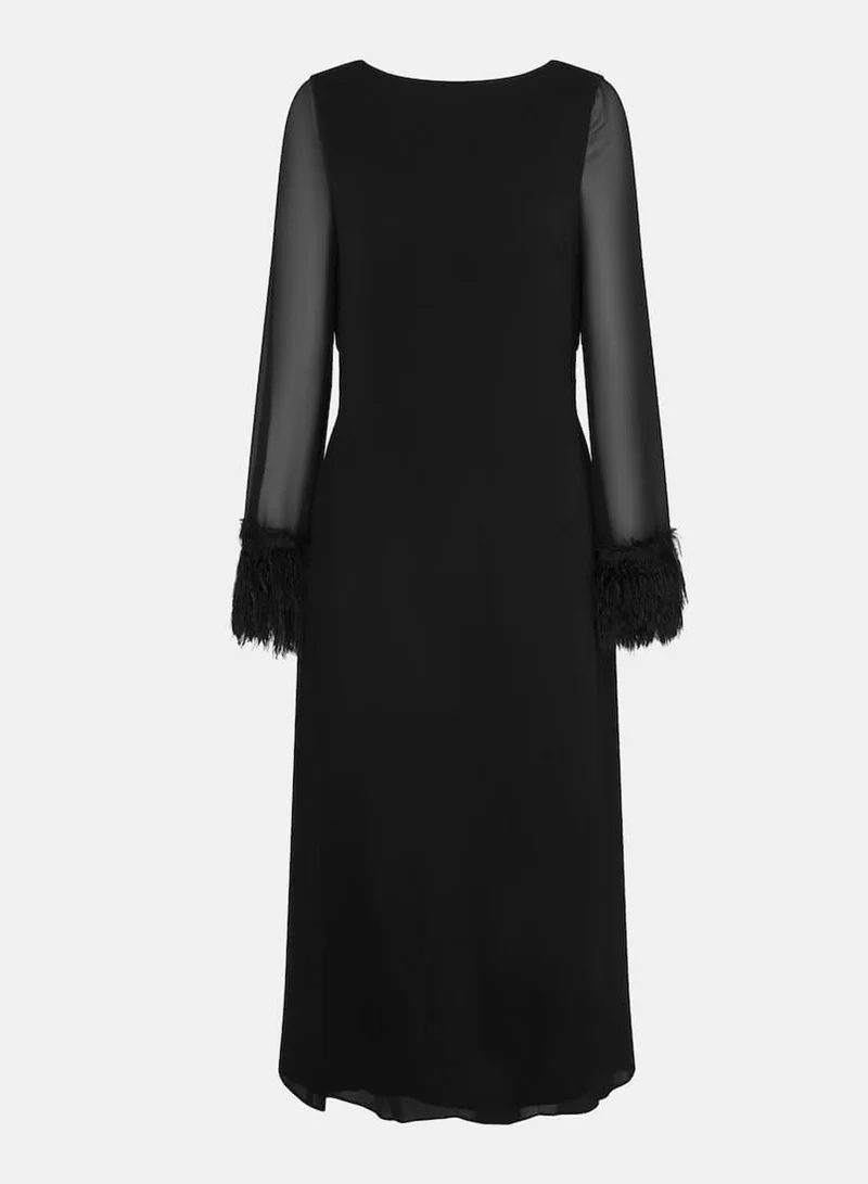Black Feathered Trim Midaxi Dress