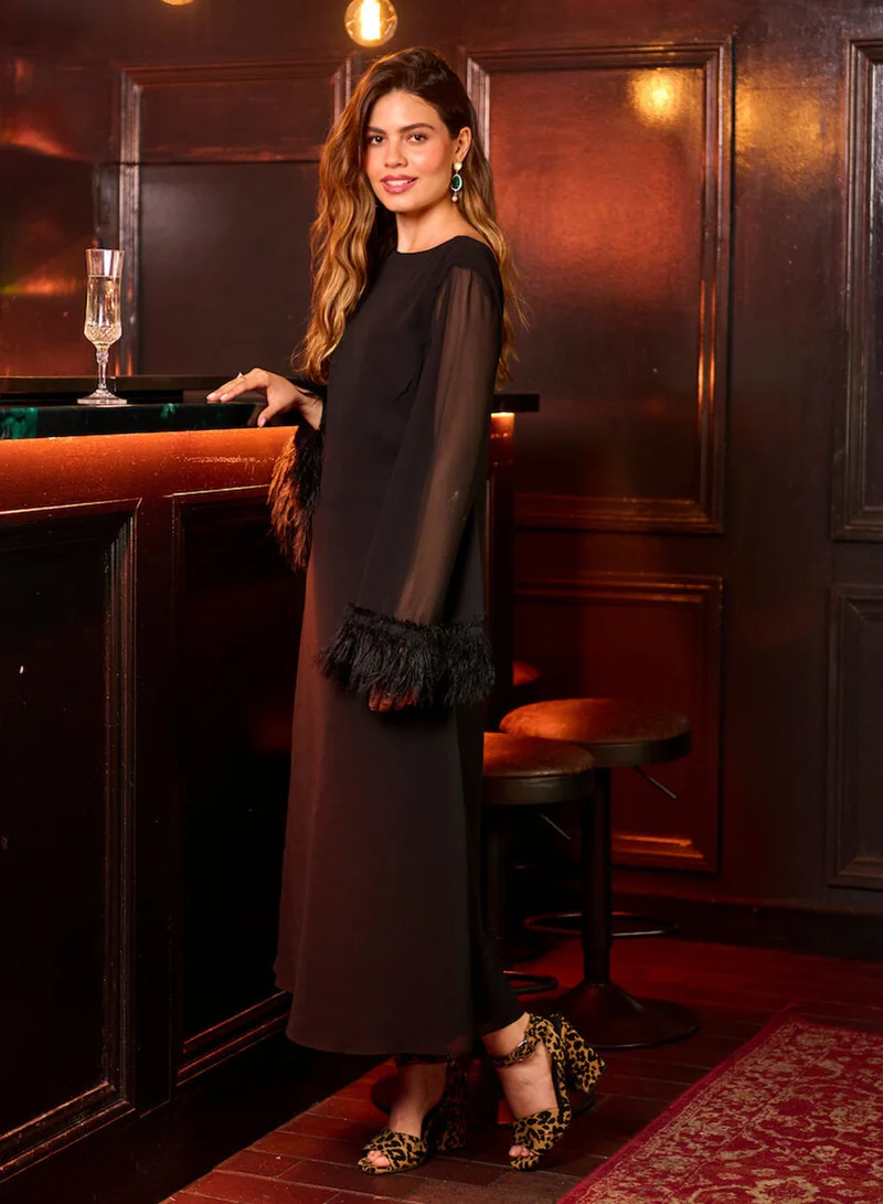 Needs No Label  Black Feathered Trim Midaxi Dress for Women | Best Price UAE