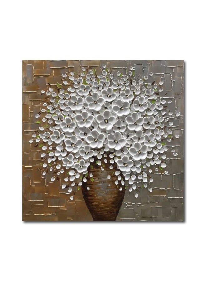 Epicler art Epicler Hand Painted 3D Oil Painting on Canvas 24x24 inch White Flower Art,Morden Canvas Wall Paintings, Metal Textured Gold and Silver Background White Flower Artwork - Image 1