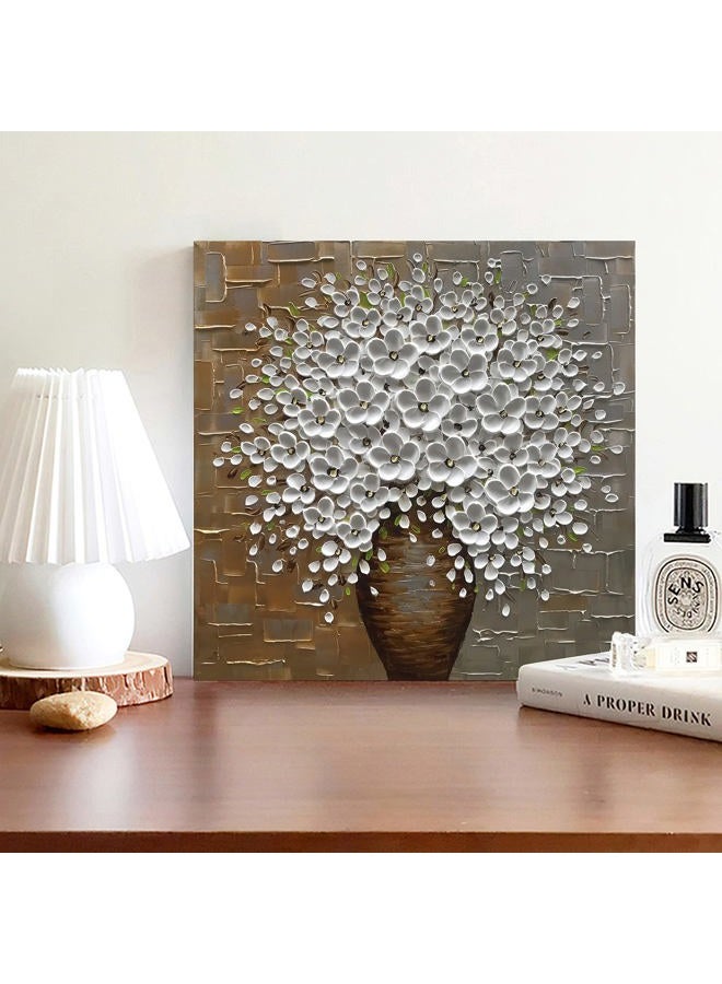 Epicler art Epicler Hand Painted 3D Oil Painting on Canvas 24x24 inch White Flower Art,Morden Canvas Wall Paintings, Metal Textured Gold and Silver Background White Flower Artwork - Image 5