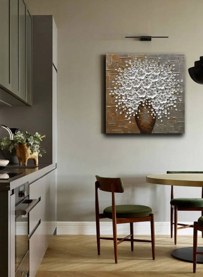 Epicler art Epicler Hand Painted 3D Oil Painting on Canvas 24x24 inch White Flower Art,Morden Canvas Wall Paintings, Metal Textured Gold and Silver Background White Flower Artwork - Image 3