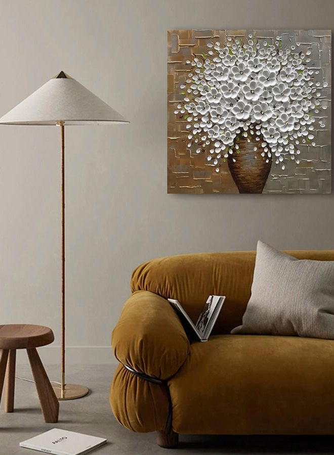 Epicler art Epicler Hand Painted 3D Oil Painting on Canvas 24x24 inch White Flower Art,Morden Canvas Wall Paintings, Metal Textured Gold and Silver Background White Flower Artwork - Image 4