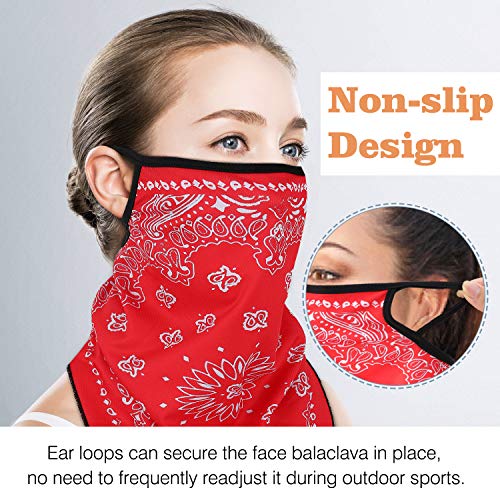 MoKo Scarf Mask Bandana with Ear Loops 3 Pack, Neck Gaiter Balaclava UV Sun Protection Face Mask for Dust Wind Outdoors Motorcycle Cycle Bandana Headband for Women Men - Red/Blue/Black - Image 4