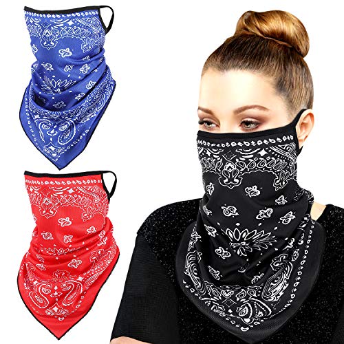 MoKo Scarf Mask Bandana with Ear Loops 3 Pack, Neck Gaiter Balaclava UV Sun Protection Face Mask for Dust Wind Outdoors Motorcycle Cycle Bandana Headband for Women Men - Red/Blue/Black - Image 1