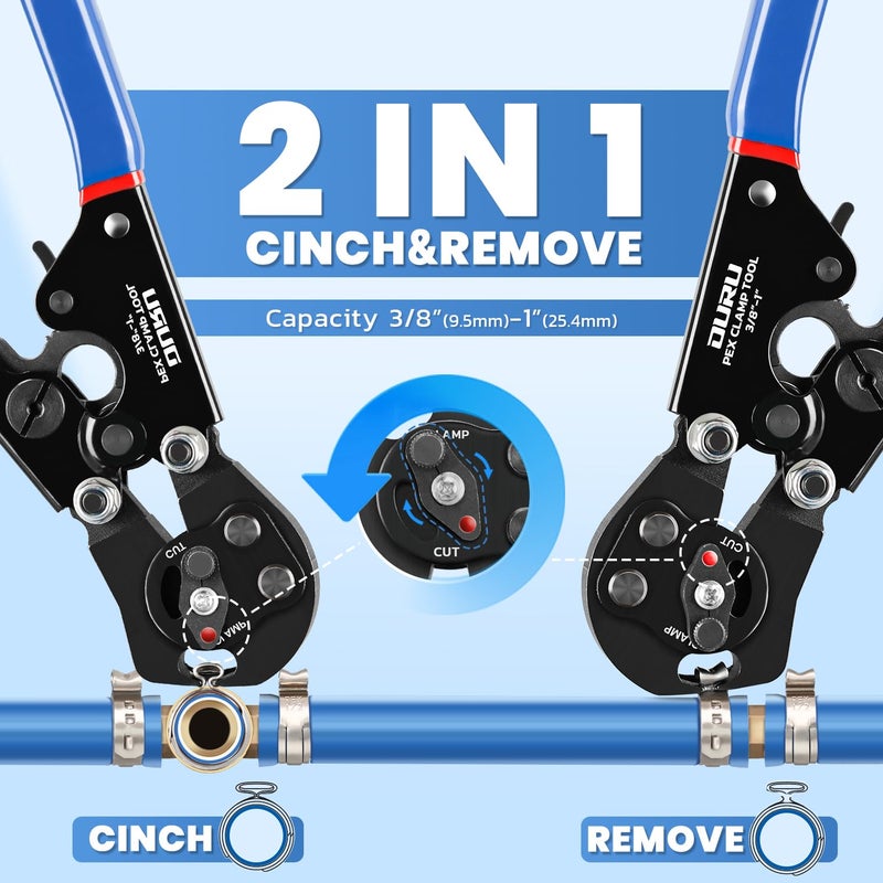 OURU 2 IN 1 Ratchet Pex Crimping Tool Pliers Cinch and Remove Combo Function Professional Pex Crimper Long Handle Pex Pinch Tool Pex Pipe Crimp Tool for 3/8" to 1" Stainless Steel Clamps - Image 2