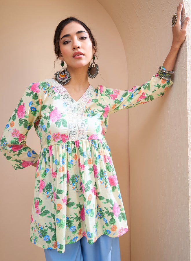 SASSAFRAS Yellow Floral Cambric V Neck Peplum Kurti - Image 1
