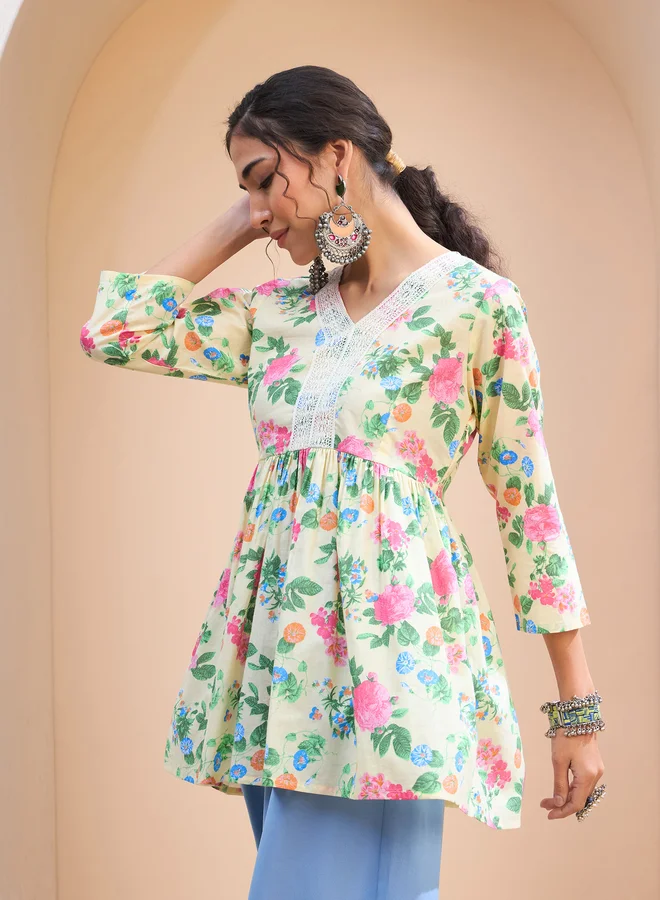 SASSAFRAS SASSAFRAS Yellow Floral Cambric V Neck Peplum Kurti