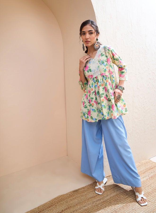 SASSAFRAS Yellow Floral Cambric V Neck Peplum Kurti - Image 2