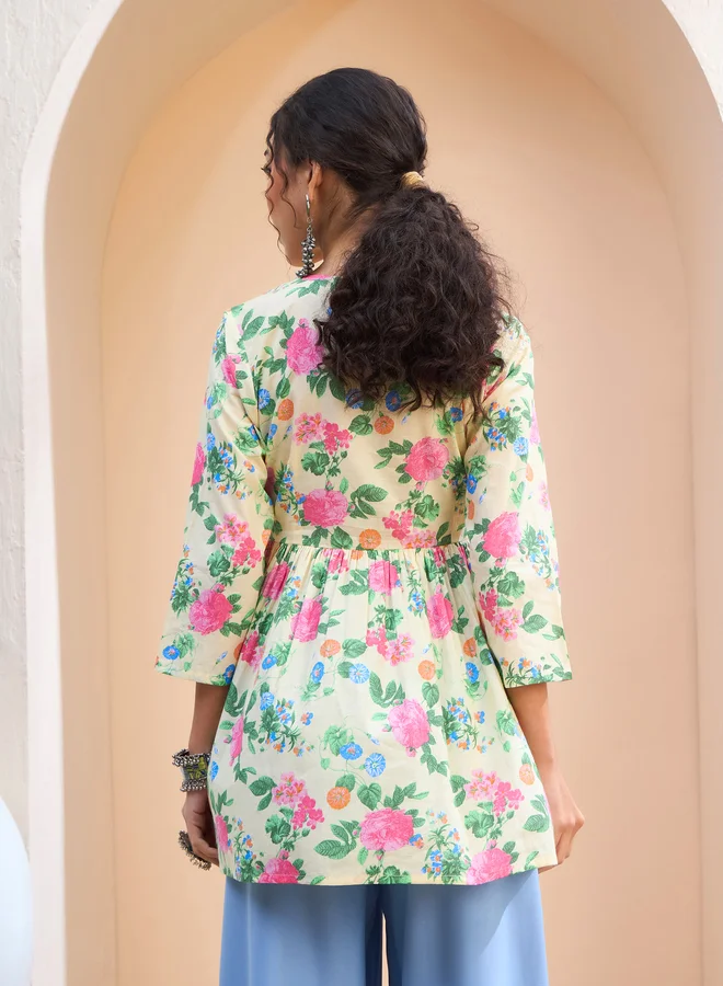 SASSAFRAS SASSAFRAS Yellow Floral Cambric V Neck Peplum Kurti