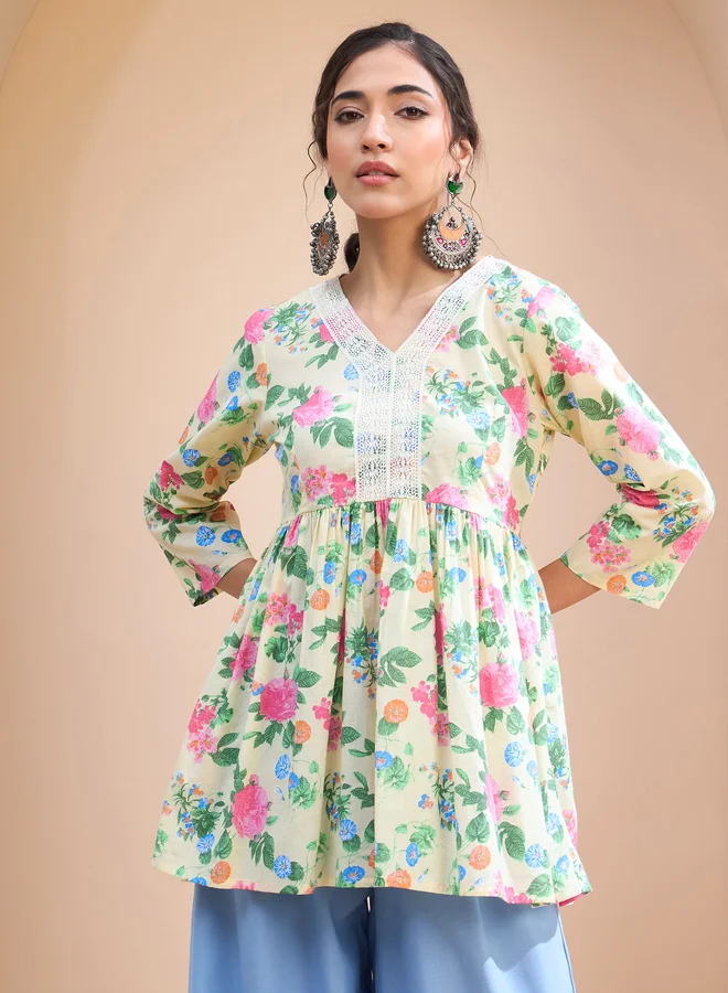 SASSAFRAS SASSAFRAS Yellow Floral Cambric V Neck Peplum Kurti