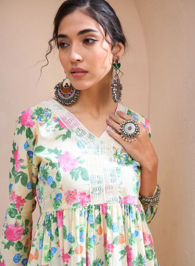 SASSAFRAS SASSAFRAS Yellow Floral Cambric V Neck Peplum Kurti