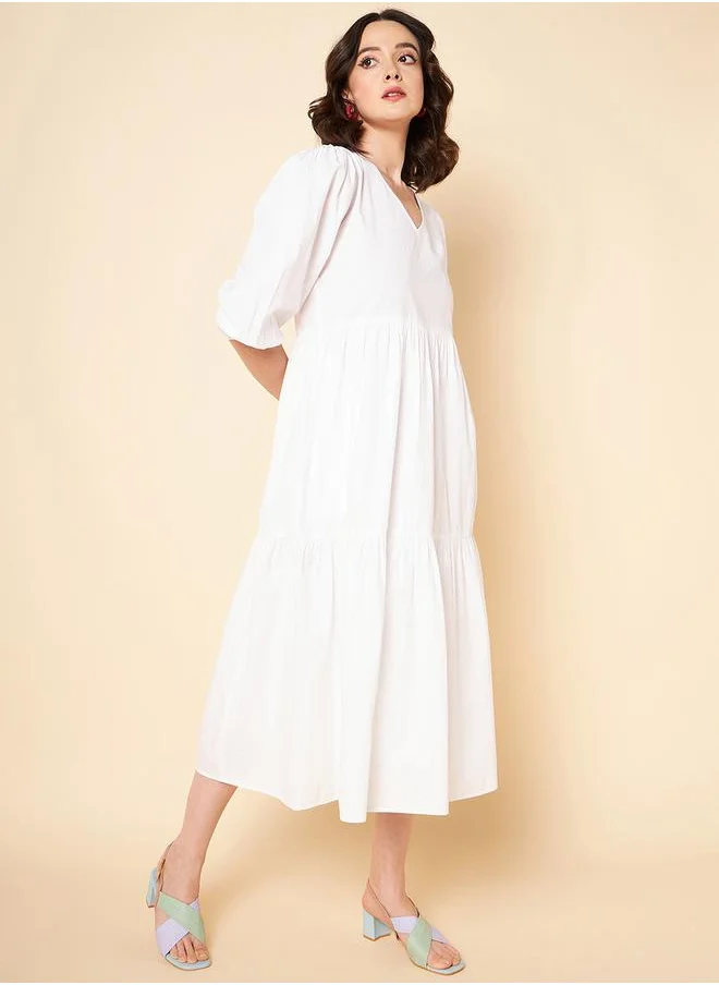 HIGH STAR Puff Sleeve V-Neck A-Line Midi Dress