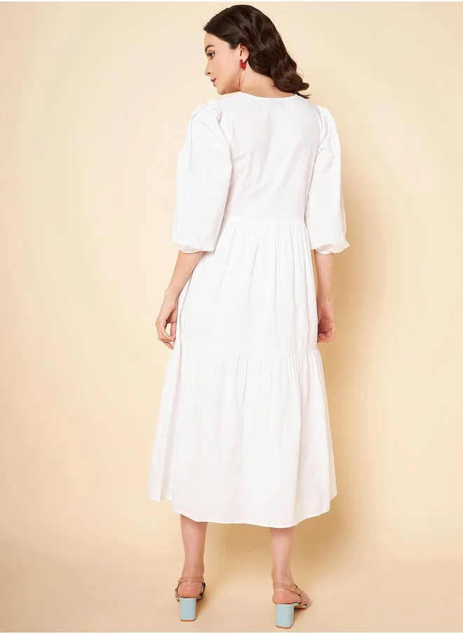 هاي ستار Puff Sleeve V-Neck A-Line Midi Dress