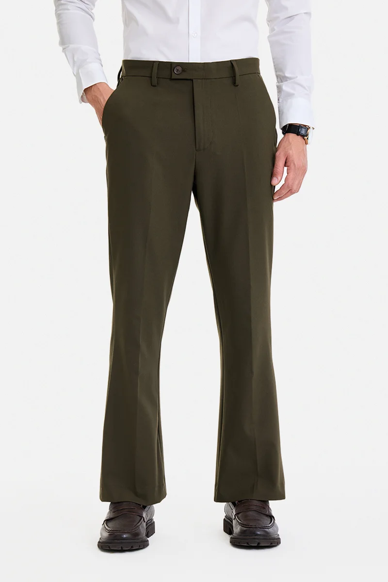 سنيتش Olive Solid Flared Fit Formal Trousers