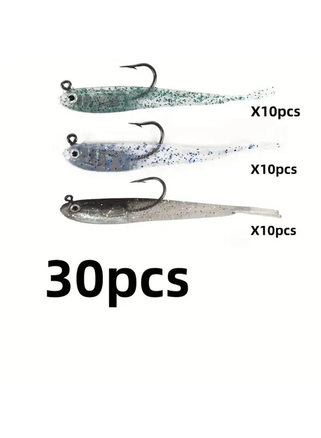 Gray Green Blue 30 Soft Baits Hooks Lifelike Lure for Bass Trout Freshwater Saltwater Fishing - Image 2