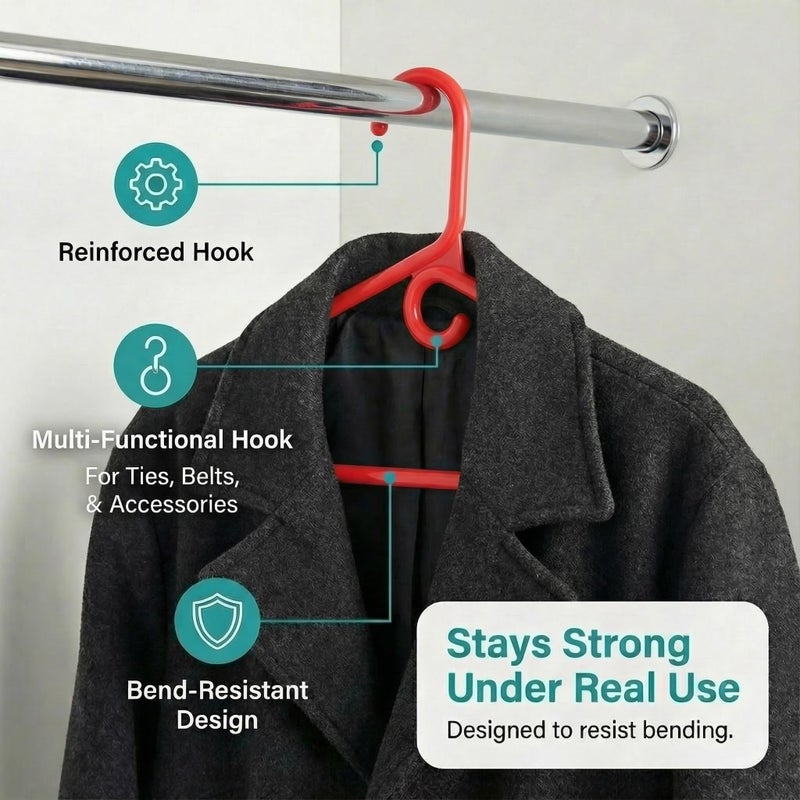 DEILSYâ„¢ Red Heavy Duty Hangers with Hooks for Scarves & Belts â€“ Thick and Strong Clothes Hangers for Shirts, Jackets, Pants, and Dresses â€“ Space-Saving Plastic Hangers â€“ Pack of 10 - Image 3