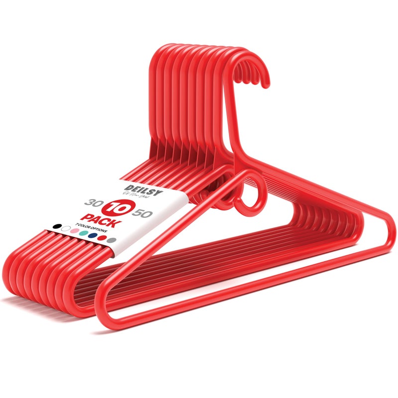 DEILSYâ„¢ Red Heavy Duty Hangers with Hooks for Scarves & Belts â€“ Thick and Strong Clothes Hangers for Shirts, Jackets, Pants, and Dresses â€“ Space-Saving Plastic Hangers â€“ Pack of 10 - Image 1