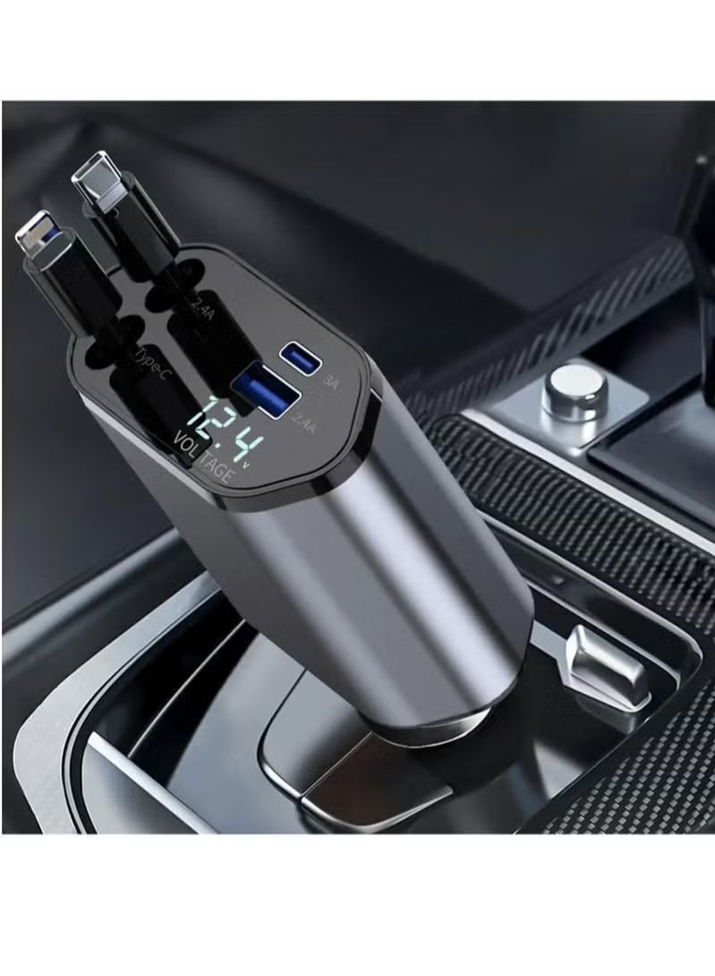 Retractable Car Charger - 4-in-1 Fast Charger with Dual USB Ports & 2.6ft Cable, Compatible with iPhone 15/14/13 Pro Max, Galaxy S23/S24 – Compact & Multi-Device Adapter - Image 1